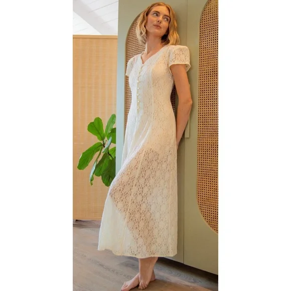 90s Lace Short Sleeve Button Front Ankle Length Dress - Picture 1 of 10